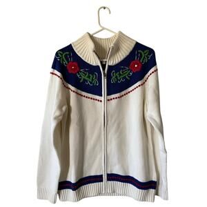 Talbots Nordic Floral Embroidered 100% Cotton Mock Neck Zip Cardigan- Size L NWT